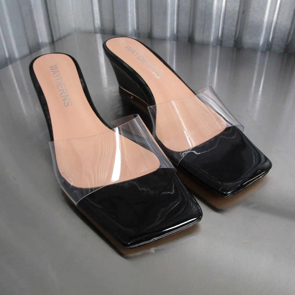 Wayderns Womens Black Patent Clear PVC Square Toe Wedge Sandal Mules Size 8 38.5